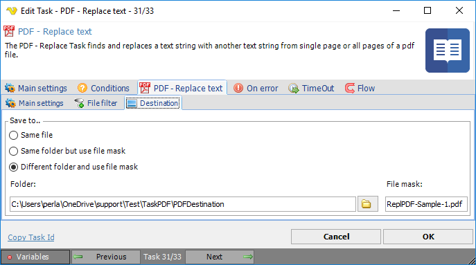 TaskPDFReplaceTextDestination
